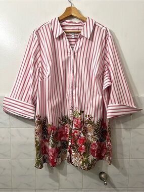 D & Co. 3/4 Sleeve Poplin Stripe Button Up Tunic Top 3XL Coastal Resort Preppy